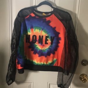 Sheer black long sleeved scoop neck tie-dyed shirt Honey on front size1X